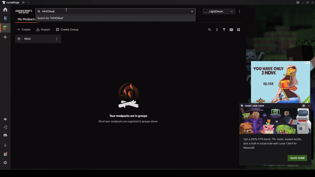 Demonstration of selecting the MMORealms modpack inside the CurseForge launcher