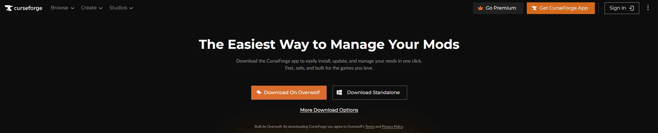 The CurseForge app download page showing OS selection