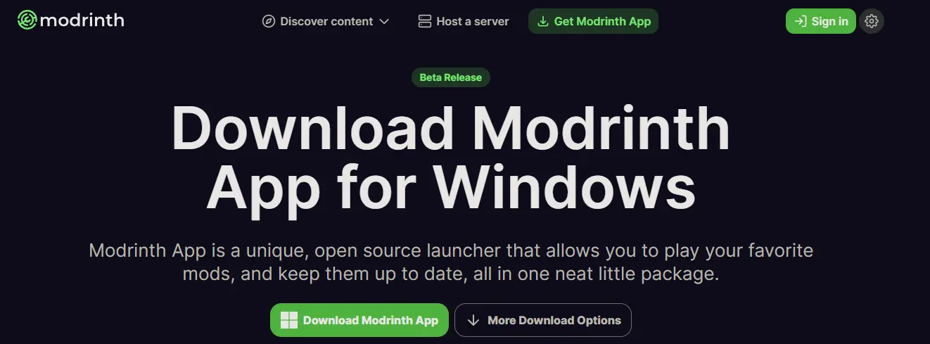The Modrinth app download page showing OS selection